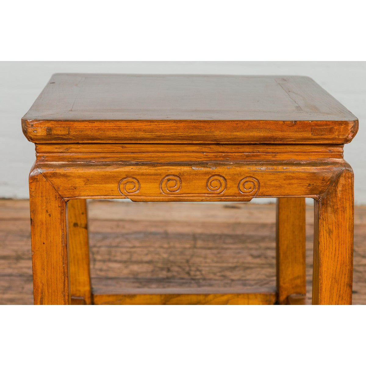 Light Brown Square Elm wood Antique Side Table with Small Scrolled Figures on Apron-10. Asian &amp; Chinese Furniture, Art, Antiques, Vintage Home Décor for sale at FEA Home