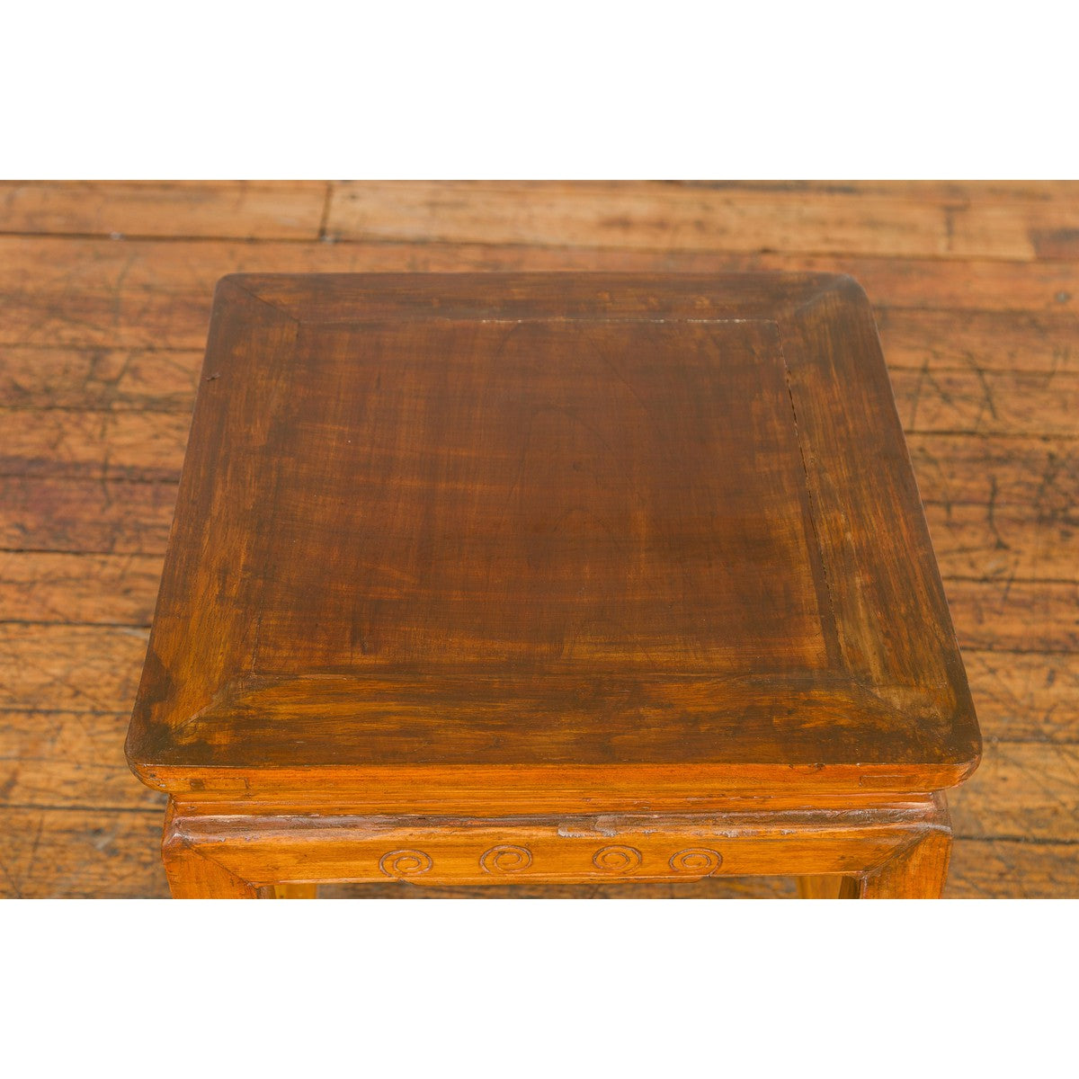 Light Brown Square Elm wood Antique Side Table with Small Scrolled Figures on Apron-11. Asian &amp; Chinese Furniture, Art, Antiques, Vintage Home Décor for sale at FEA Home