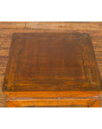 Light Brown Square Elm wood Antique Side Table with Small Scrolled Figures on Apron-11. Asian & Chinese Furniture, Art, Antiques, Vintage Home Décor for sale at FEA Home