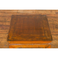 Light Brown Square Elm wood Antique Side Table with Small Scrolled Figures on Apron