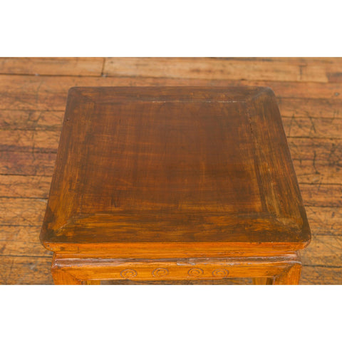 Light Brown Square Elm wood Antique Side Table with Small Scrolled Figures on Apron-YN2605-11. Asian & Chinese Furniture, Art, Antiques, Vintage Home Décor for sale at FEA Home