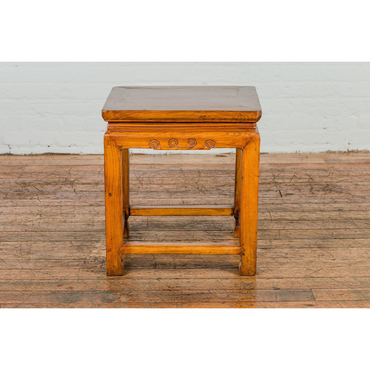 Light Brown Square Elm wood Antique Side Table with Small Scrolled Figures on Apron-12. Asian &amp; Chinese Furniture, Art, Antiques, Vintage Home Décor for sale at FEA Home
