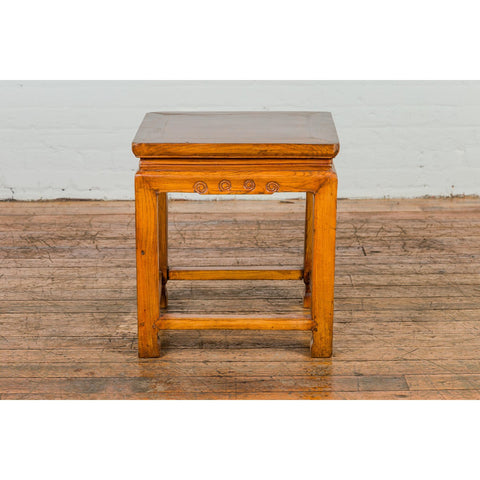 Light Brown Square Elm wood Antique Side Table with Small Scrolled Figures on Apron-YN2605-12. Asian & Chinese Furniture, Art, Antiques, Vintage Home Décor for sale at FEA Home