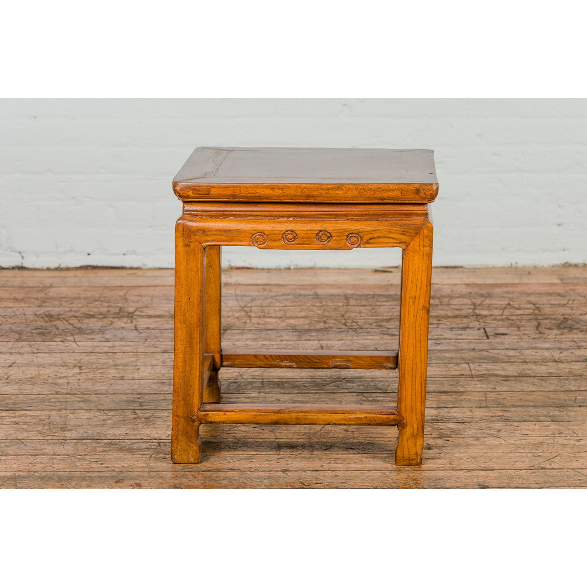 Light Brown Square Elm wood Antique Side Table with Small Scrolled Figures on Apron-13. Asian &amp; Chinese Furniture, Art, Antiques, Vintage Home Décor for sale at FEA Home