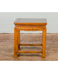 Light Brown Square Elm wood Antique Side Table with Small Scrolled Figures on Apron-13. Asian & Chinese Furniture, Art, Antiques, Vintage Home Décor for sale at FEA Home