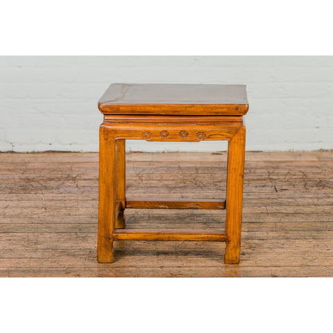 Light Brown Square Elm wood Antique Side Table with Small Scrolled Figures on Apron-YN2605-13. Asian & Chinese Furniture, Art, Antiques, Vintage Home Décor for sale at FEA Home