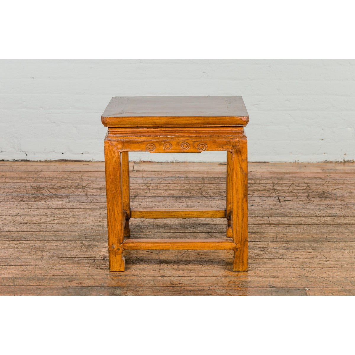 Light Brown Square Elm wood Antique Side Table with Small Scrolled Figures on Apron-14. Asian &amp; Chinese Furniture, Art, Antiques, Vintage Home Décor for sale at FEA Home