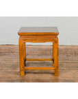 Light Brown Square Elm wood Antique Side Table with Small Scrolled Figures on Apron-14. Asian & Chinese Furniture, Art, Antiques, Vintage Home Décor for sale at FEA Home