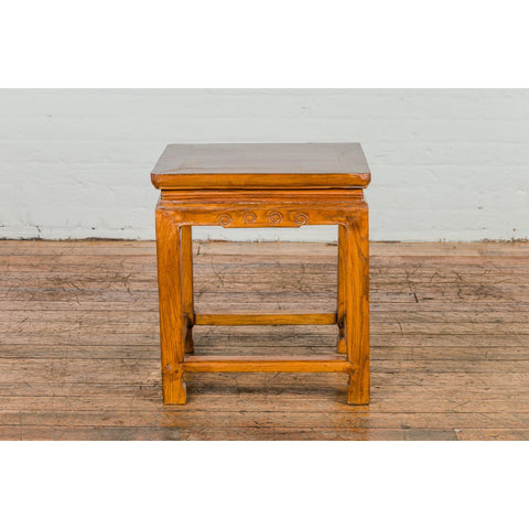 Light Brown Square Elm wood Antique Side Table with Small Scrolled Figures on Apron-YN2605-14. Asian & Chinese Furniture, Art, Antiques, Vintage Home Décor for sale at FEA Home