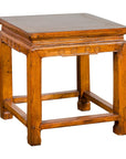 Light Brown Square Elm wood Antique Side Table with Small Scrolled Figures on Apron-15. Asian & Chinese Furniture, Art, Antiques, Vintage Home Décor for sale at FEA Home