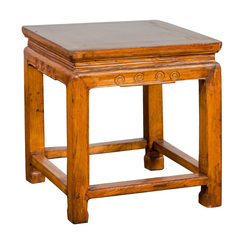 Light Brown Square Elm wood Antique Side Table with Small Scrolled Figures on Apron-YN2605-15. Asian & Chinese Furniture, Art, Antiques, Vintage Home Décor for sale at FEA Home