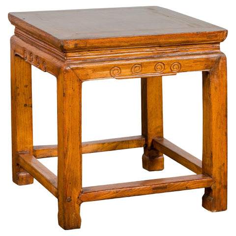 Light Brown Square Elm wood Antique Side Table with Small Scrolled Figures on Apron-YN2605-1. Asian & Chinese Furniture, Art, Antiques, Vintage Home Décor for sale at FEA Home