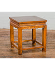 Light Brown Square Elm wood Antique Side Table with Small Scrolled Figures on Apron-2. Asian & Chinese Furniture, Art, Antiques, Vintage Home Décor for sale at FEA Home
