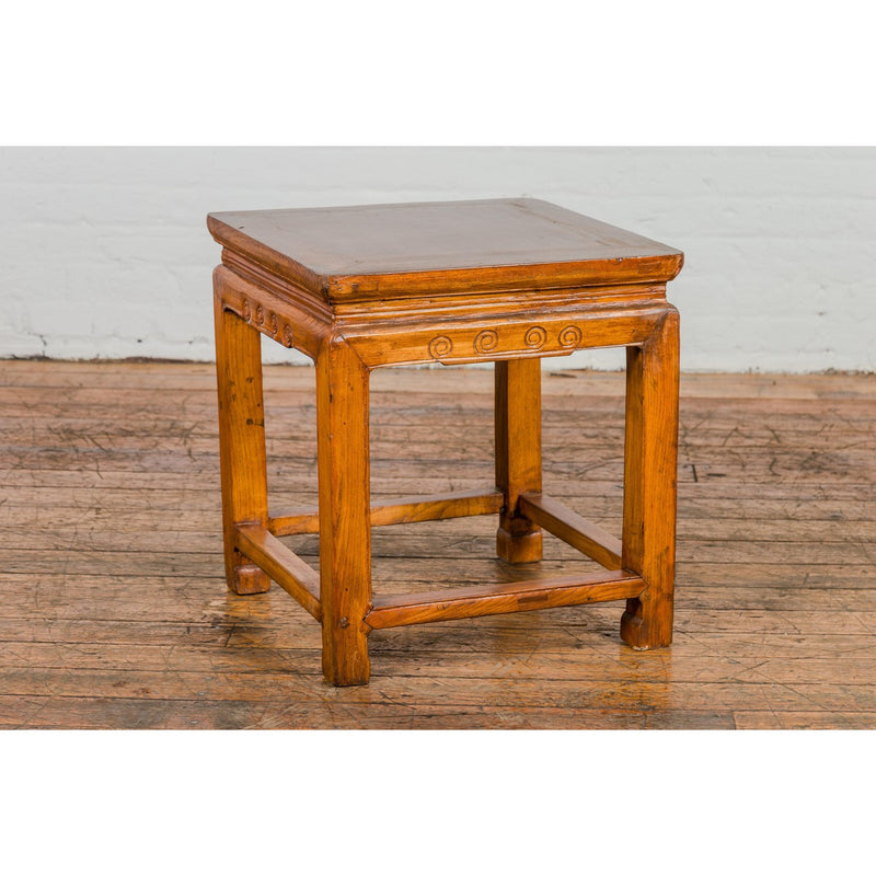 Light Brown Square Elm wood Antique Side Table with Small Scrolled Figures on Apron-YN2605-2. Asian & Chinese Furniture, Art, Antiques, Vintage Home Décor for sale at FEA Home