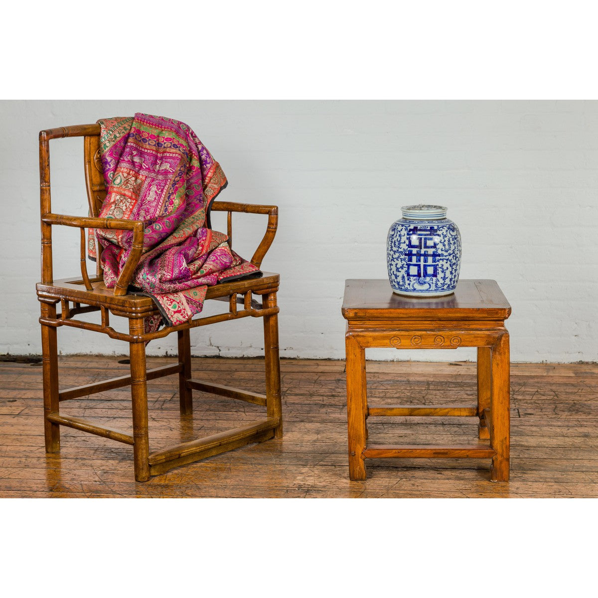 Light Brown Square Elm wood Antique Side Table with Small Scrolled Figures on Apron-3. Asian &amp; Chinese Furniture, Art, Antiques, Vintage Home Décor for sale at FEA Home