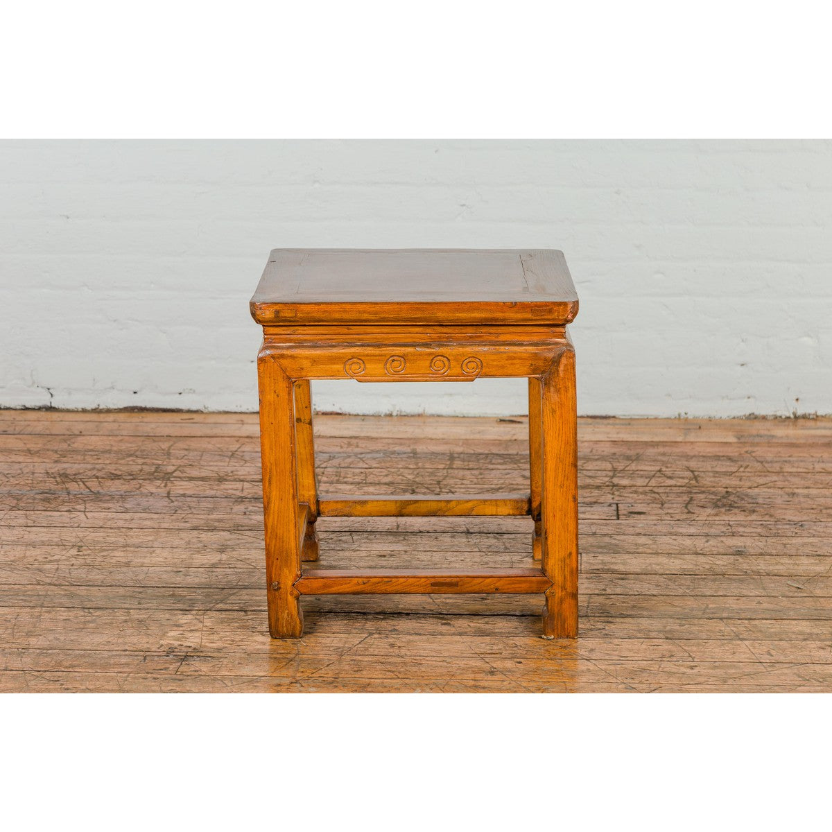 Light Brown Square Elm wood Antique Side Table with Small Scrolled Figures on Apron-4. Asian &amp; Chinese Furniture, Art, Antiques, Vintage Home Décor for sale at FEA Home