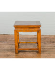 Light Brown Square Elm wood Antique Side Table with Small Scrolled Figures on Apron-4. Asian & Chinese Furniture, Art, Antiques, Vintage Home Décor for sale at FEA Home