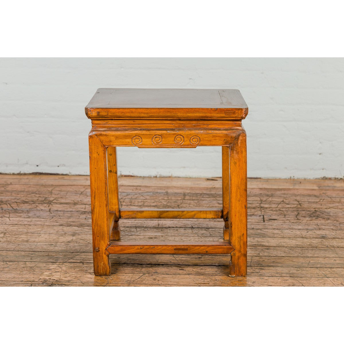 Light Brown Square Elm wood Antique Side Table with Small Scrolled Figures on Apron-5. Asian &amp; Chinese Furniture, Art, Antiques, Vintage Home Décor for sale at FEA Home