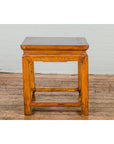 Light Brown Square Elm wood Antique Side Table with Small Scrolled Figures on Apron-5. Asian & Chinese Furniture, Art, Antiques, Vintage Home Décor for sale at FEA Home