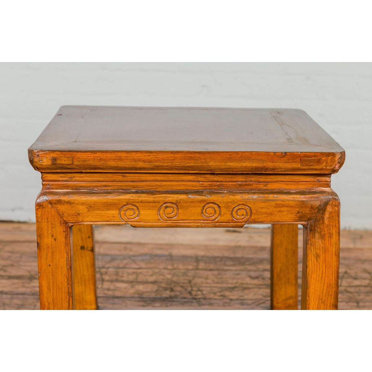 Light Brown Square Elm wood Antique Side Table with Small Scrolled Figures on Apron-6. Asian &amp; Chinese Furniture, Art, Antiques, Vintage Home Décor for sale at FEA Home