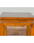 Light Brown Square Elm wood Antique Side Table with Small Scrolled Figures on Apron-6. Asian & Chinese Furniture, Art, Antiques, Vintage Home Décor for sale at FEA Home