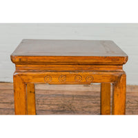 Light Brown Square Elm wood Antique Side Table with Small Scrolled Figures on Apron