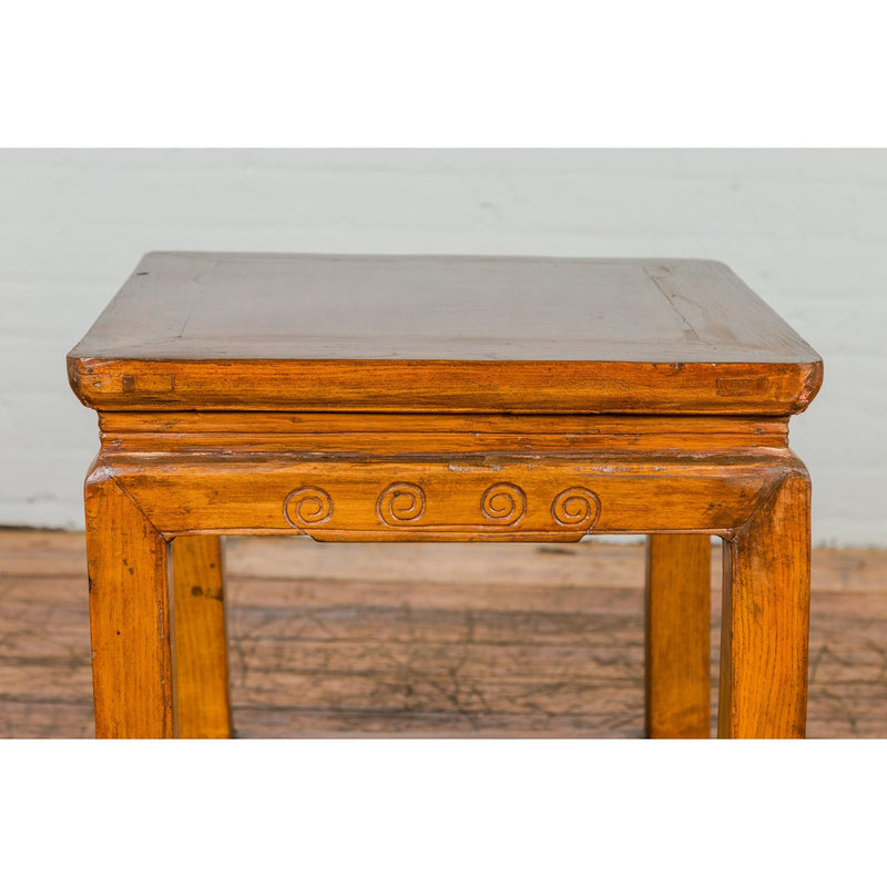 Light Brown Square Elm wood Antique Side Table with Small Scrolled Figures on Apron-YN2605-6. Asian & Chinese Furniture, Art, Antiques, Vintage Home Décor for sale at FEA Home