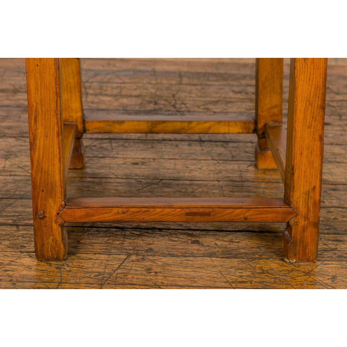 Light Brown Square Elm wood Antique Side Table with Small Scrolled Figures on Apron-7. Asian &amp; Chinese Furniture, Art, Antiques, Vintage Home Décor for sale at FEA Home