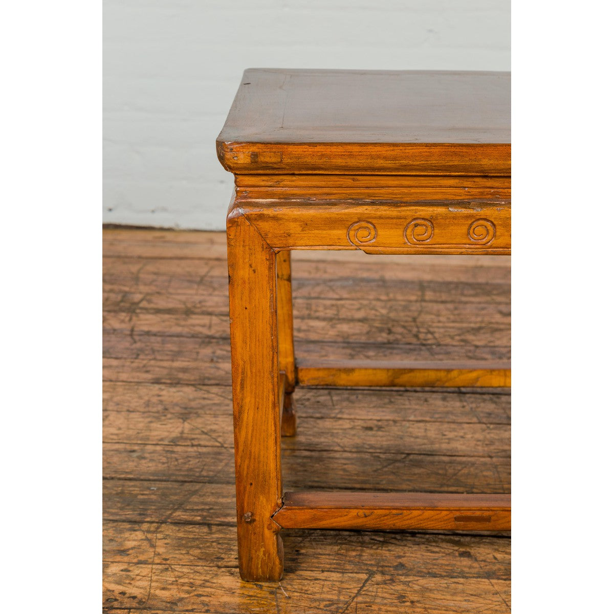 Light Brown Square Elm wood Antique Side Table with Small Scrolled Figures on Apron-8. Asian &amp; Chinese Furniture, Art, Antiques, Vintage Home Décor for sale at FEA Home