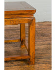 Light Brown Square Elm wood Antique Side Table with Small Scrolled Figures on Apron-9. Asian & Chinese Furniture, Art, Antiques, Vintage Home Décor for sale at FEA Home