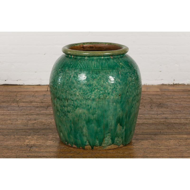 Large Round Deep Green Vintage Planter-YN2636-11. Asian & Chinese Furniture, Art, Antiques, Vintage Home Décor for sale at FEA Home