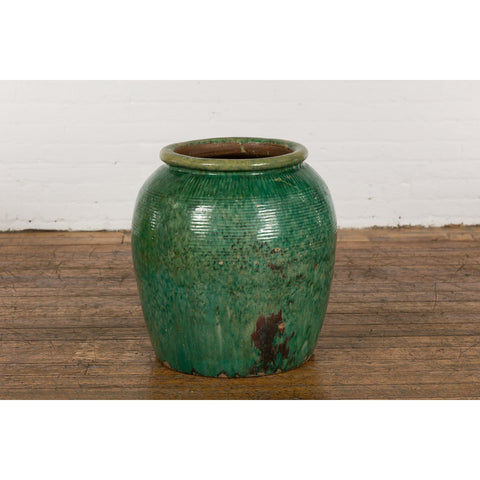 Large Round Deep Green Vintage Planter-YN2636-12. Asian & Chinese Furniture, Art, Antiques, Vintage Home Décor for sale at FEA Home