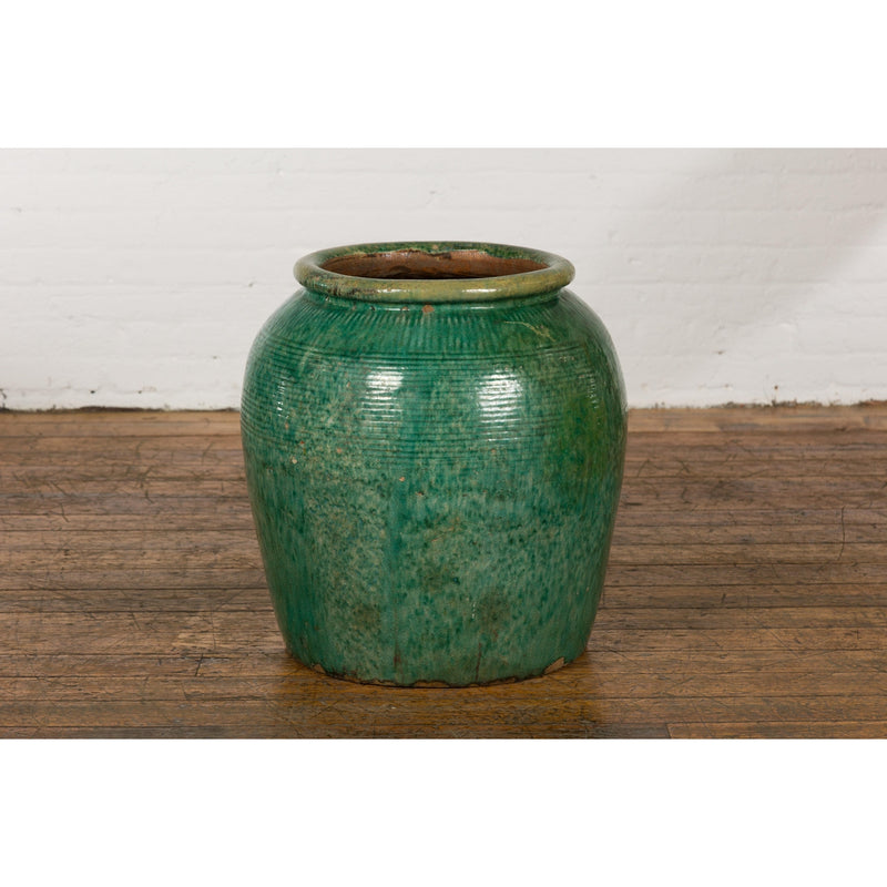 Large Round Deep Green Vintage Planter-YN2636-13. Asian & Chinese Furniture, Art, Antiques, Vintage Home Décor for sale at FEA Home