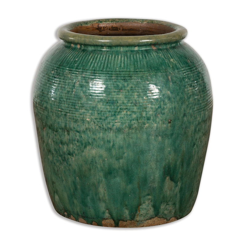 Large Round Deep Green Vintage Planter-YN2636-15. Asian & Chinese Furniture, Art, Antiques, Vintage Home Décor for sale at FEA Home