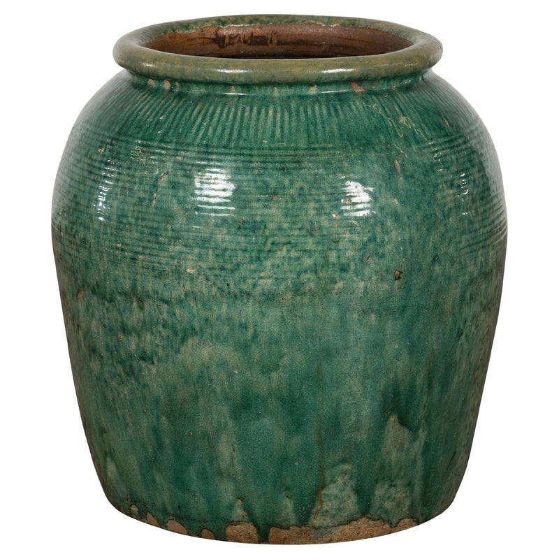Large Round Deep Green Vintage Planter-YN2636-1. Asian & Chinese Furniture, Art, Antiques, Vintage Home Décor for sale at FEA Home