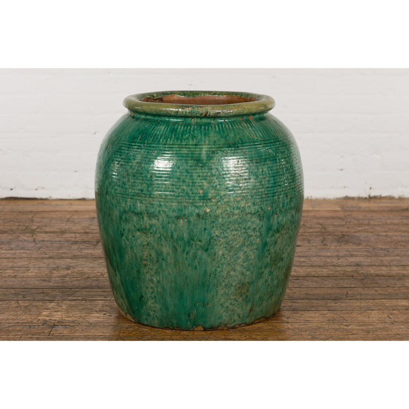 Large Round Deep Green Vintage Planter-YN2636-4. Asian & Chinese Furniture, Art, Antiques, Vintage Home Décor for sale at FEA Home