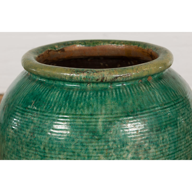 Large Round Deep Green Vintage Planter-YN2636-5. Asian & Chinese Furniture, Art, Antiques, Vintage Home Décor for sale at FEA Home