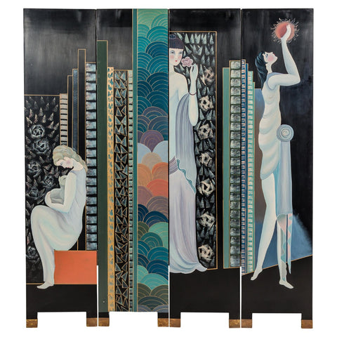 Hand-Painted Art Deco Inspired Four-Panel Screen with Three Elegant Ladies-YN2818-1. Asian & Chinese Furniture, Art, Antiques, Vintage Home Décor for sale at FEA Home