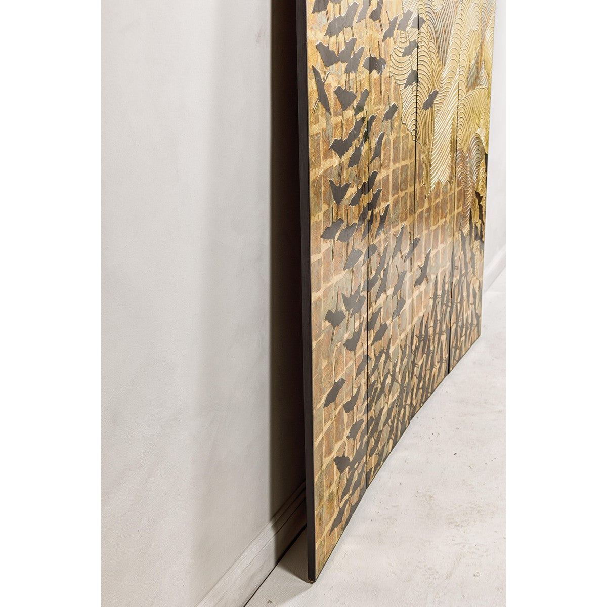 Hollywood Regency Black and Gold Four-Panel Screen with Hand-Painted Cranes-10. Asian &amp; Chinese Furniture, Art, Antiques, Vintage Home Décor for sale at FEA Home