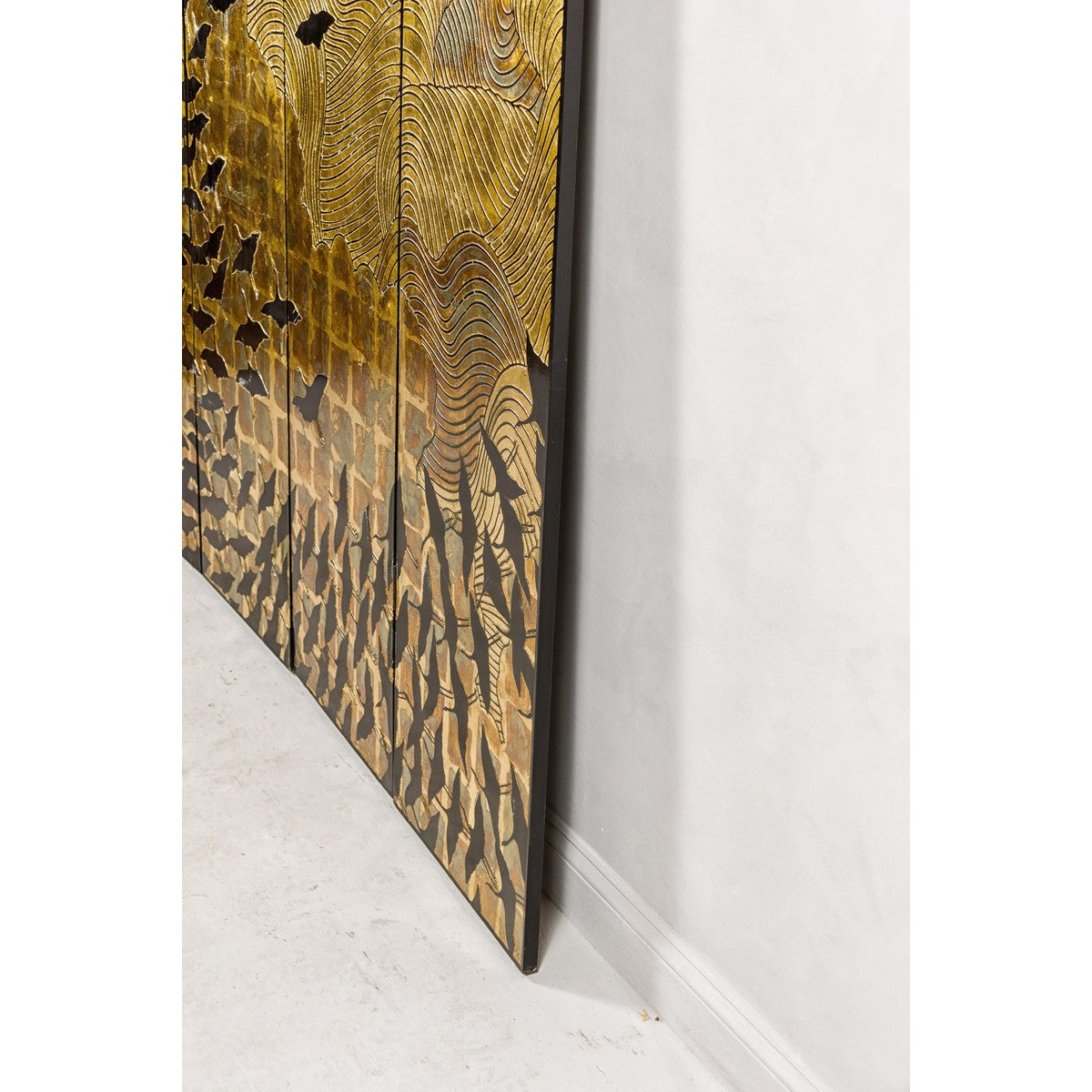 Hollywood Regency Black and Gold Four-Panel Screen with Hand-Painted Cranes-12. Asian &amp; Chinese Furniture, Art, Antiques, Vintage Home Décor for sale at FEA Home