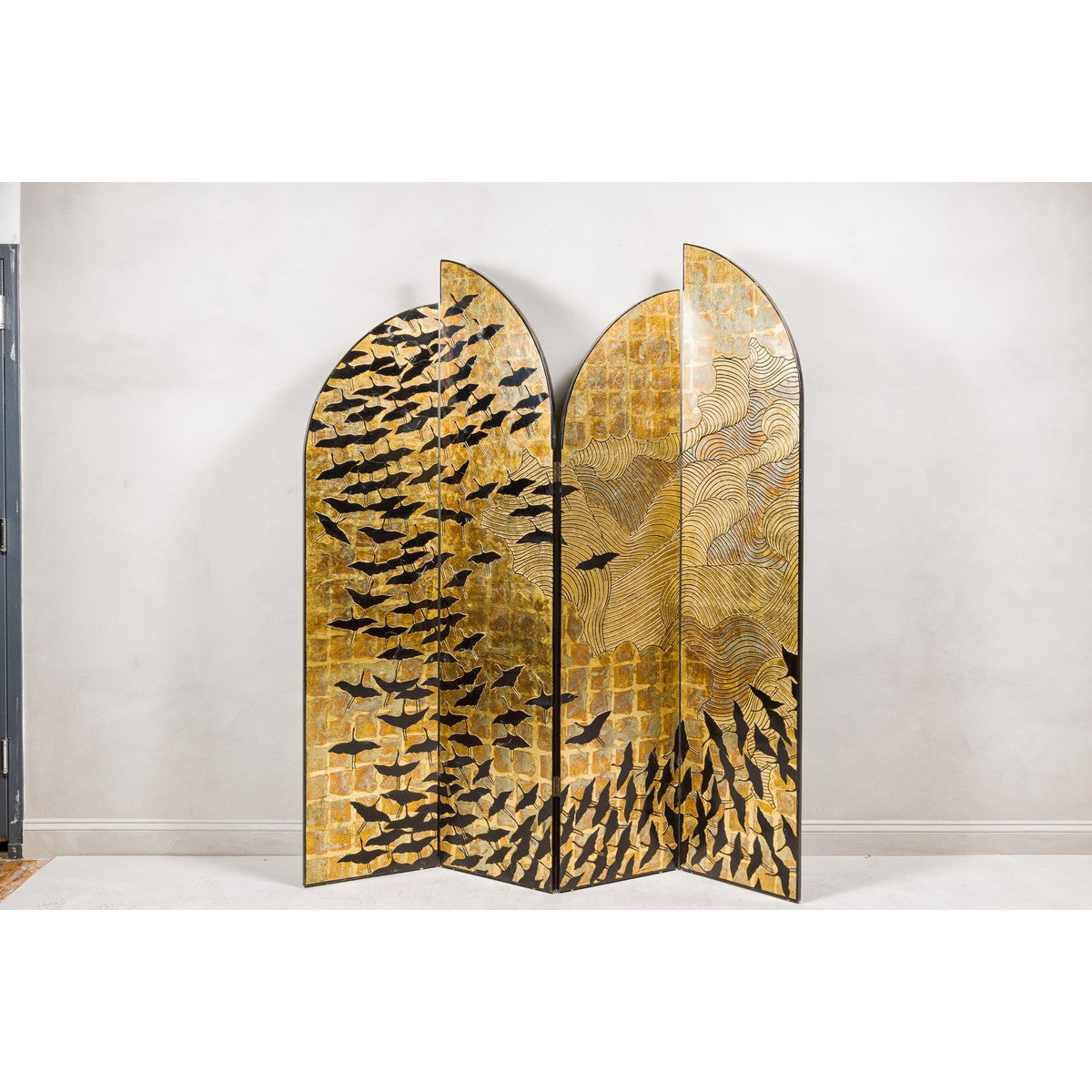 Hollywood Regency Black and Gold Four-Panel Screen with Hand-Painted Cranes-13. Asian &amp; Chinese Furniture, Art, Antiques, Vintage Home Décor for sale at FEA Home