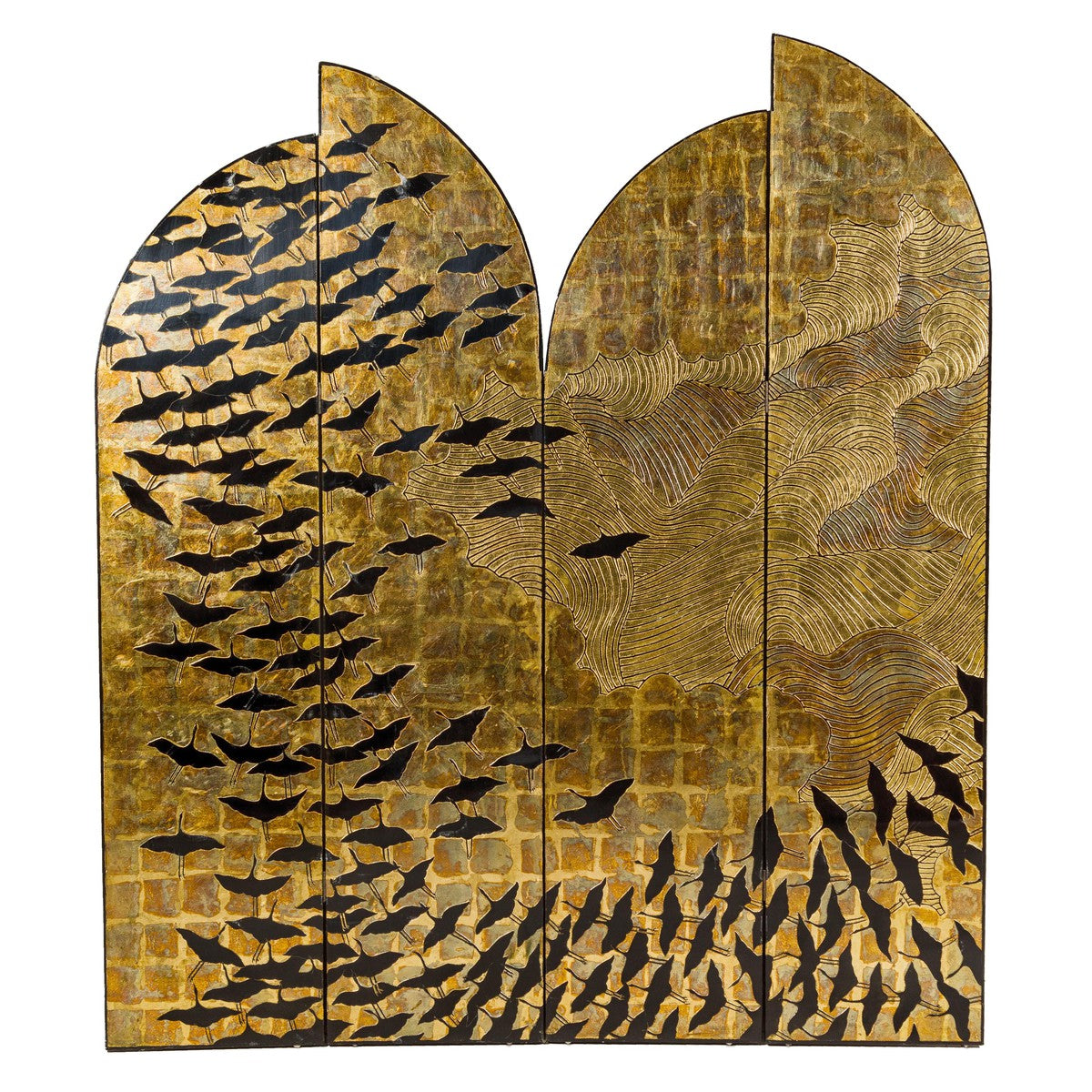 Hollywood Regency Black and Gold Four-Panel Screen with Hand-Painted Cranes-16. Asian & Chinese Furniture, Art, Antiques, Vintage Home Décor for sale at FEA Home