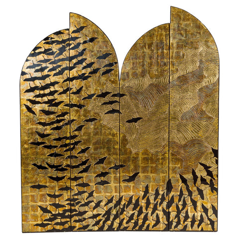 Hollywood Regency Black and Gold Four-Panel Screen with Hand-Painted Cranes-YN2838-1. Asian & Chinese Furniture, Art, Antiques, Vintage Home Décor for sale at FEA Home