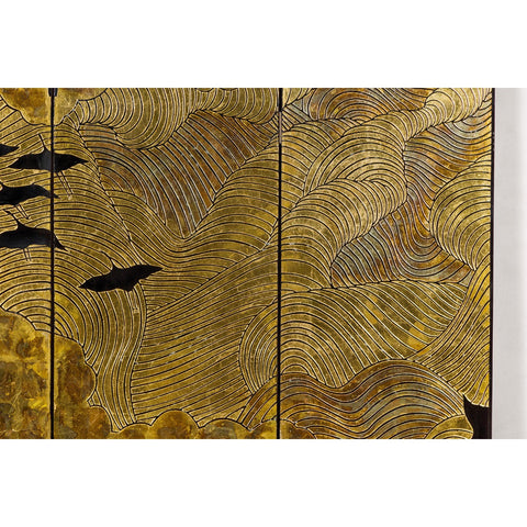 Hollywood Regency Black and Gold Four-Panel Screen with Hand-Painted Cranes-YN2838-7. Asian & Chinese Furniture, Art, Antiques, Vintage Home Décor for sale at FEA Home