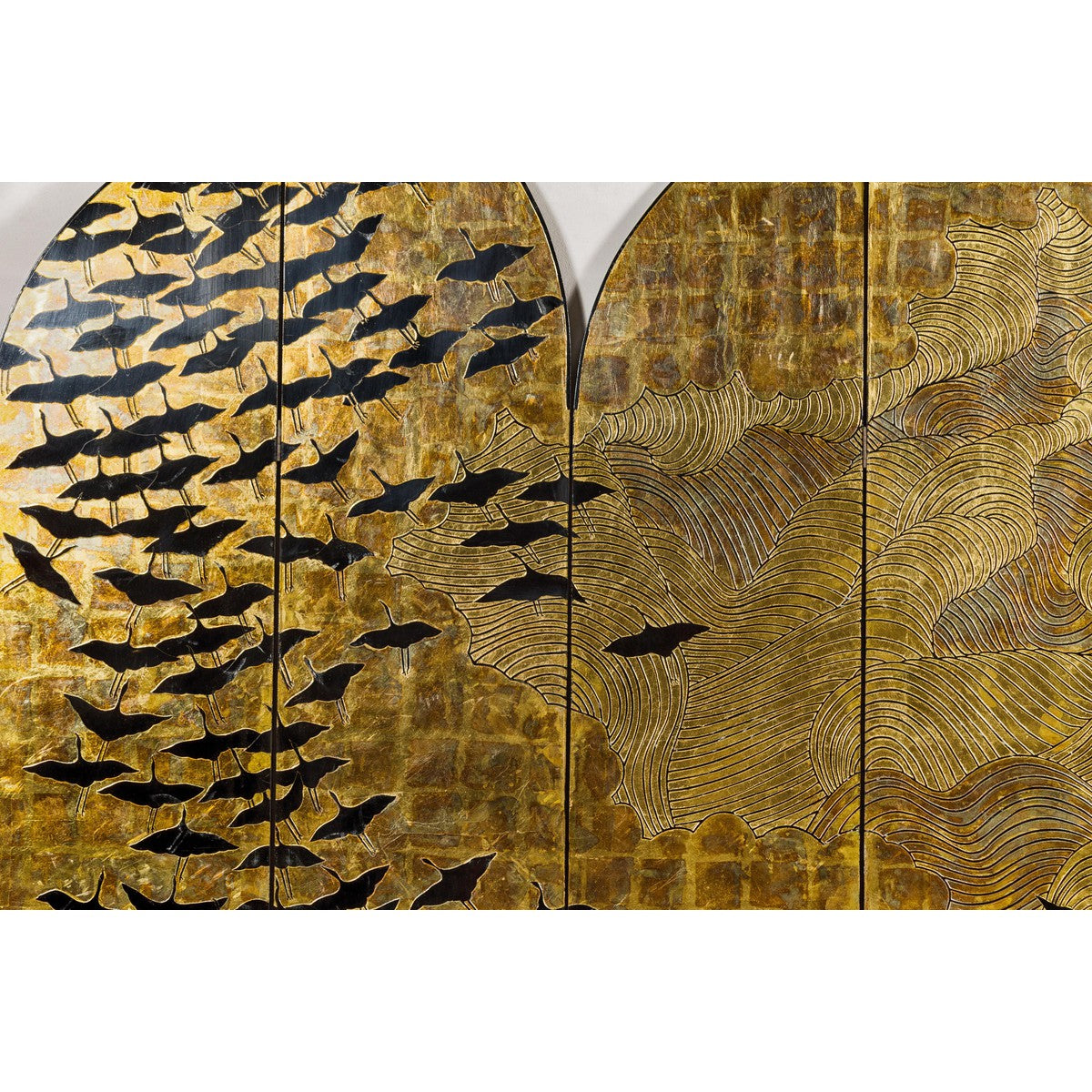 Hollywood Regency Black and Gold Four-Panel Screen with Hand-Painted Cranes-9. Asian &amp; Chinese Furniture, Art, Antiques, Vintage Home Décor for sale at FEA Home