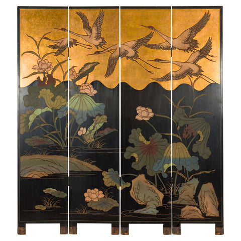 Four-Panel Vintage Floor Screen with Flying Cranes-YN2874-1-Unique Furniture-Art-Antiques-Home Décor in NY