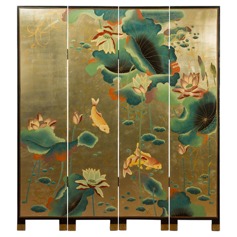Chinese Antique Gold Leaf Koi Fish Floor Screen-YN2875-1-Unique Furniture-Art-Antiques-Home Décor in NY