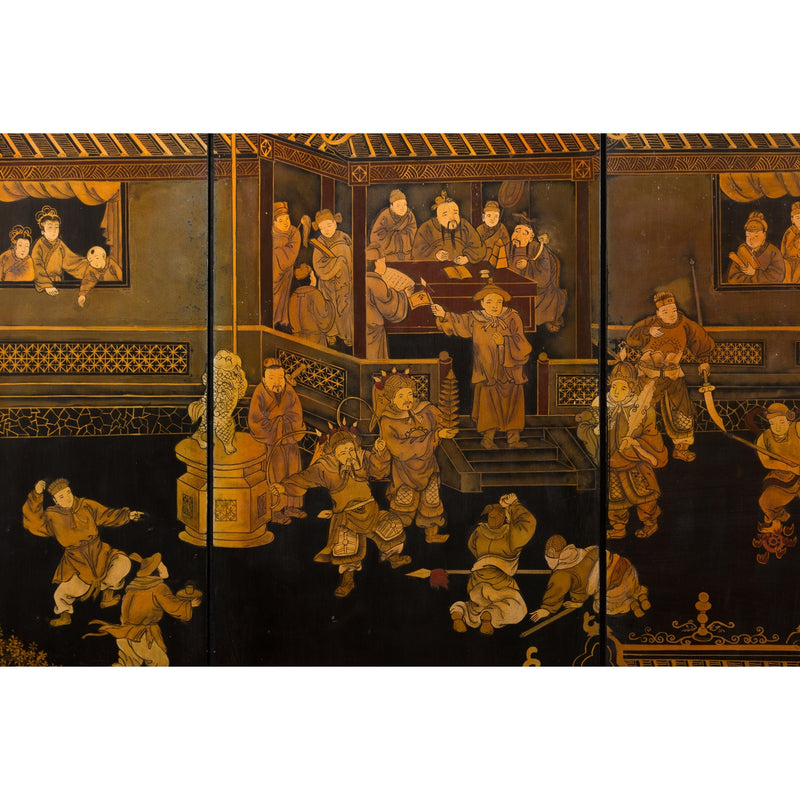 Vintage Six-Panel Gold and Black Screen with Hand-Painted Scenes-YN2876-10. Asian & Chinese Furniture, Art, Antiques, Vintage Home Décor for sale at FEA Home