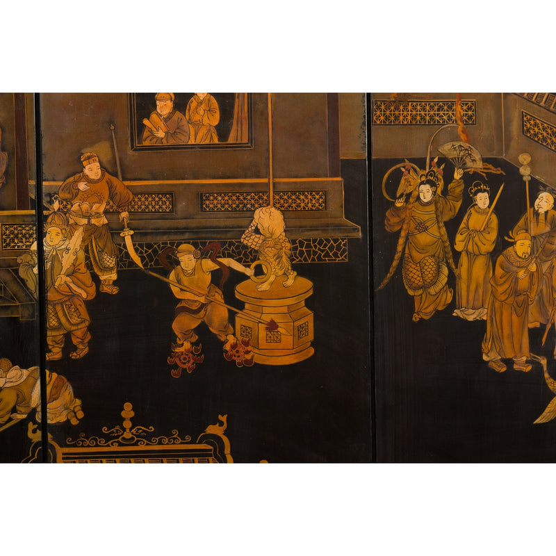 Vintage Six-Panel Gold and Black Screen with Hand-Painted Scenes-YN2876-11. Asian & Chinese Furniture, Art, Antiques, Vintage Home Décor for sale at FEA Home