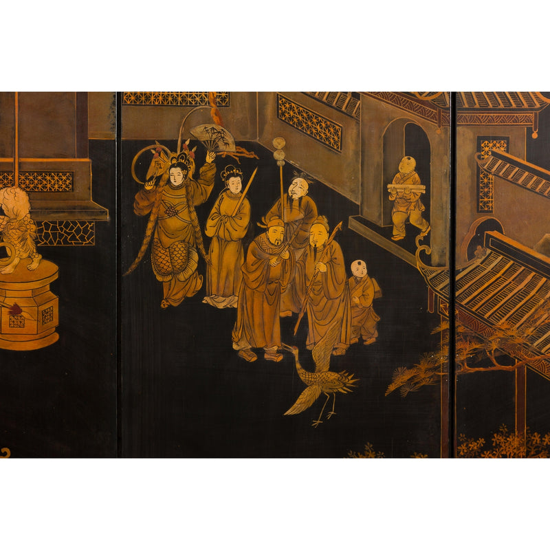 Vintage Six-Panel Gold and Black Screen with Hand-Painted Scenes-YN2876-12. Asian & Chinese Furniture, Art, Antiques, Vintage Home Décor for sale at FEA Home